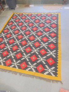 Tapis d'intérieur en laine et jute tissé à la main, motif géométrique, style Kilim Bohème Marocain Tribal Sud-ouest, couleur Rouge Charbon Moutarde, pour salon - Product Image 4