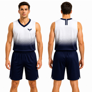 Ensemble uniforme de volley-ball blanc et marine pour hommes, maillot et short personnalisés, respirant, séchage rapide, vêtements de sport d'équipe - Product Image 1