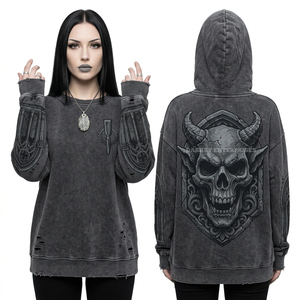 Sweat-shirt col rond 350 GSM pour femme, gris anthracite, imprimé crâne de démon cornu, délavé à l'acide, coupe ample, effet vieilli, style gothique, vente en gros - Product Image 1
