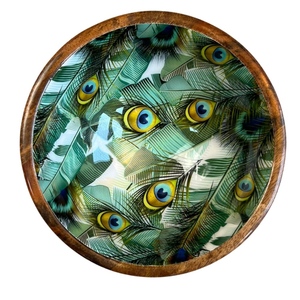 Bol en bois écologique avec motif plume de paon, décoration bohème, bol de service pour la présentation des aliments, idéal pour offrir au meilleur prix - Product Image 1