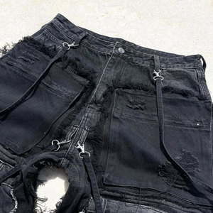 EXITO INTL <b>Men's</b> Black for Wash Distressed Denim Cargo Pants Multiple Pockets Frayed Edges High Waist <b>Drawstring</b> Closure - Product Image 3