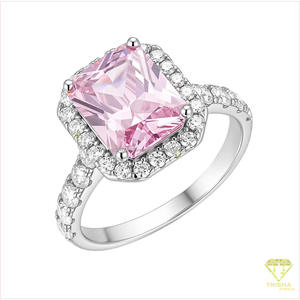Anillo central rectangular de plata de ley 925 con diamante cultivado en laboratorio de primera calidad y borde de piedras redondas para revendedores mayoristas - Product Image 5
