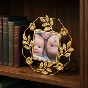 Artisan Design Pf1124 <b>Gold</b> Metal Portrait <b>Photo</b> <b>Frame</b> Tabletop with Floral Leaf Decor Home Decor - Product Image 2