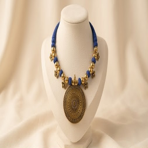 DIVYORO Women's Ethnic Blue Bead and Antique Gold Medallion <b>Long</b> Adjustable Length Wedding <b>Necklace</b> - Product Image 1