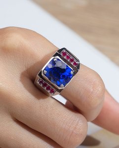 Square <b>Emerald</b> Cut Blue Center Stone Rose Gold Plated 925 <b>Silver</b> <b>Ring</b> Red Side Stone Vintage Statement Band Daily Wear - Product Image 5
