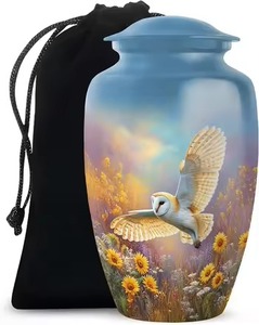 Urne funéraire en métal bleu avec hibou des champs en vol sur champ de fleurs sauvages, urne pour cendres d'adulte, personnalisée, durable, grande urne pour cendres humaines - Product Image 1