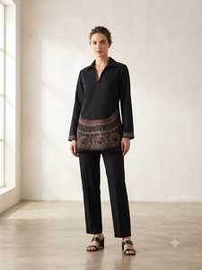 Women Black Embroidered <b>Tunic</b> <b>Top</b> <b>With</b> Full <b>Sleeve</b> Bohemian Style Geometric Pattern <b>Long</b> Set Regular Fit All Seasons Wear - Product Image 6
