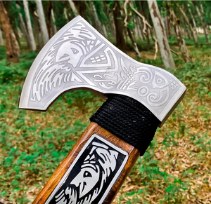 Handcrafted Carbon Steel Camp Hatchet with Engraved Wooden <b>Handle</b> & Genuine Leather Sheath | Outdoor Collection | OEM Manufactur - Product Image 2