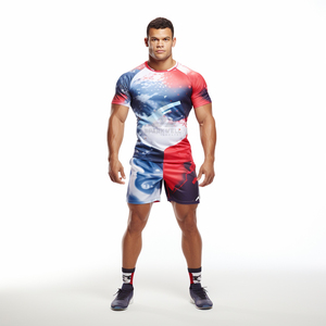 Ensemble de maillot de rugby personnalisé pour homme, rayé bleu, rouge et blanc, manches courtes, polyester sublimé anti-transpiration - Product Image 3