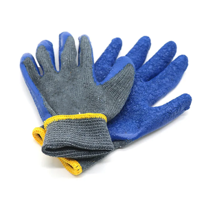 Coated Work <b>Gloves</b> Full Textured Anti-Slip <b>Knit</b> Wrist General Purpose Safety <b>Gloves</b> Blue Gray Yellow Trim - Product Image 1