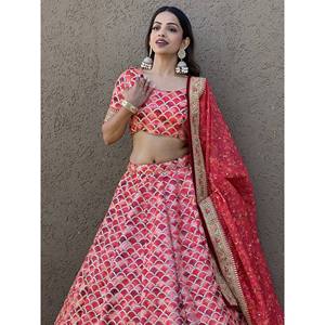 Pink <b>Sequin</b> Art Silk Engagement Lehenga Choli with Geometric Pattern V-neck Stretchable Satin Fabric for Women - Product Image 3
