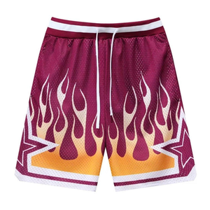 Pantalones Cortos de Baloncesto para Hombre con Estampado de Llamas, Malla Transpirable, Cordón Ajustable, Estilo Deportivo, Color Granate, Naranja y Blanco - Product Image 1