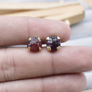 Raw Garnet <b>Stud</b> Earrings Natural Rough Garnet Electroplated <b>Stud</b> Earring January Birthstone Jewelry Handmade Earring Gift Women - Product Image 5
