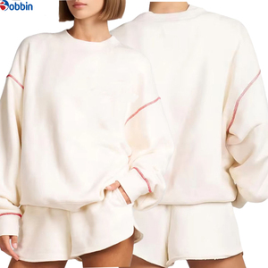 Conjunto Deportivo Personalizado para Mujer, 2 Piezas, Conjunto de Sudadera Tejida, Cuello Redondo, Manga Larga, Color Sólido, Corte Holgado, Estilo Casual, Conjunto Corto Blanco - Product Image 6