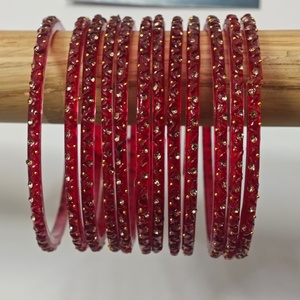 Luxury <b>Ruby</b> Red Glass Bangles Set with Crystal Stone Work Handmade Traditional Indian Bridal Jewelry for Women - Product Image 1