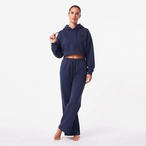 Women's Two Piece Set Crop Top Drop Shoulder Drawstring Hoodie And <b>Wide</b> <b>Leg</b> <b>Jogger</b> Set Cotton Fleece Solid Color Casual Wear - Product Image 4