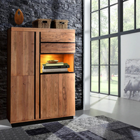 Meuble bar à whisky autoportant moderne en bois de manguier massif, avec 4 compartiments, 2 tiroirs et étagère interne en verre et acier inoxydable