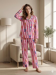 Ropa de Dormir para Mujer, 100% Algodón Tejido, Estampado Floral y Animal, Cintura Baja, Verano, Romántico, Clásico, Manga Larga - Product Image 3
