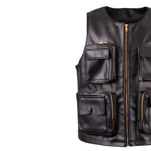 Premium Men's Black Leather <b>Vest</b> With Zippered Pockets Front Zip Closure Multi-Pocket Design Regular Fit Outerwear - Product Image 6