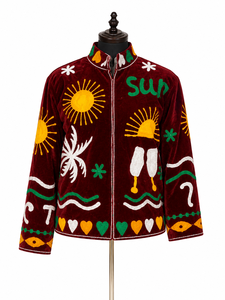 Velvet Embroidered <b>Jacket</b> Women <b>Mandarin</b> <b>Collar</b> Full Sleeve Summer Vacation Style Hand Embroidery Zipper Closure - Product Image 1