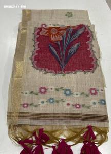 Hermoso Saree de Algodón Muga Suave con Tejido de Rayas Florales y Pallu Floral de Resham Colorido con Borlas - Proveedor Indio - Product Image 3