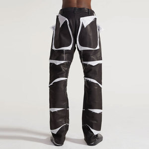 Pantalon en cuir noir léger de qualité supérieure avec empiècements blancs, style motard, détails déchirés et usés - Product Image 3