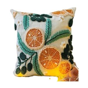 Coussin carré décoratif brodé motif agrumes style bohème en coton, housse amovible lavable – Grande Vente - Product Image 1