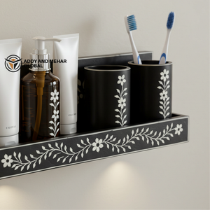 Estante de tocador moderno con incrustaciones de hueso negro, juego de baño decorativo montado en la pared, estante de baño de diseño con incrustaciones de hueso negro - Product Image 6
