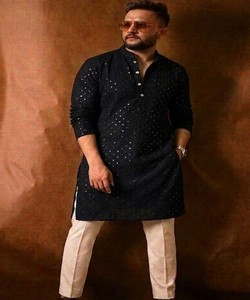 Men's <b>Black</b> Kurta Regular Fit Traditional Ethnic Wear India Pakistan Casual Style Ankle-Length SWASTIK-DREAM STAR 85471 - Product Image 1