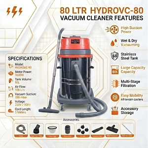 HYDROPLUS INTERNATIONAL HYDROVC80, Máquina de Limpieza de 80L, 3600W, Alta Succión, 200MBAR, Electrónica, para Exteriores, Autos, Sofás, Cortinas y Alfombras - Product Image 2