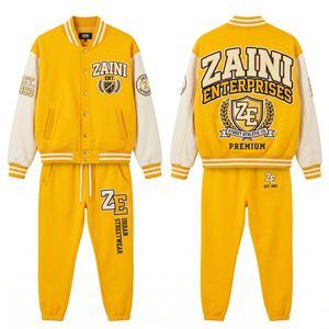 Women Varsity Tracksuit Premium 320 GSM Cotton Polyester Fleece Yellow White Contrast Sleeve Custom Chenille <b>Embroidery</b> OEM ODM - Product Image 1