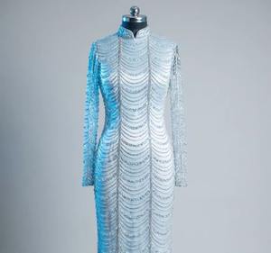 Robe de soirée sirène haut de gamme en perles argentées, manches longues, robe de couture, fournisseur en gros sur mesure - Product Image 1