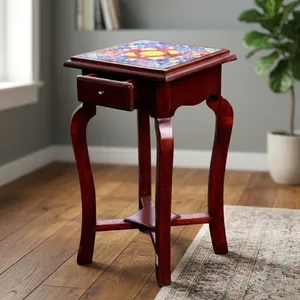 Vintage <b>Wooden</b> Tile Pattern Side <b>Table</b> Stool One Drawer Storage Lamp Vase Stand <b>Small</b> Space Coffee <b>Table</b> Farmhouse Bedroom - Product Image 6