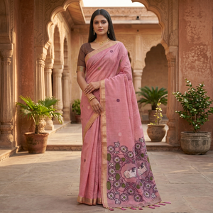 Sari en coton rose avec broderies florales et animalières Meenakari, travail traditionnel indien, vêtement pour femmes, style décontracté - Product Image 1
