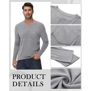 บริการ OEM เสื้อยืดเฮนลีย์ผู้ชายแบบติดกระดุมสำหรับฤดูร้อน เสื้อเชิ้ตพิมพ์ลายแขนยาวมีกระเป๋า ทรงเข้ารูป สวมใส่สบาย เสื้อยืดพื้นฐาน - Product Image 3