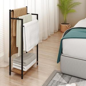 Freestanding Double Layer <b>Towel</b> Rack With <b>Shelf</b> Black Steel Minimalist <b>Bathroom</b> Organizer 3 Bars Over 60cm - Product Image 4