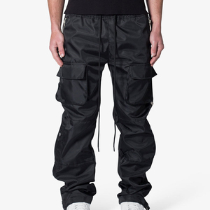 Pantalones Cargo Negros para Hombre, Cintura Elástica con Cordón, Múltiples Bolsillos, Estilo Workwear, Tela de Poliéster, Ropa de Otoño - Product Image 1