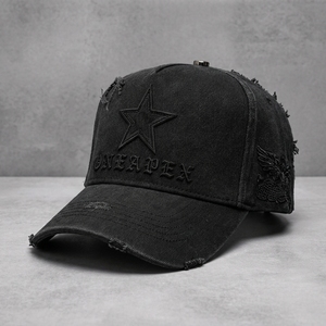 Gorra Trucker de Mezclilla Negra Desgastada con Logotipo Personalizado, Logotipo de Estrella Bordado, 6 Paneles, Ajustable, Unisex, Estilo Urbano - Product Image 2