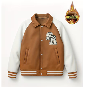 Blouson Teddy en Cuir PU Chaud pour Femme 2026, Marron et Blanc, Manches Brodéées avec Logo, Col Rabattu, Manches Longues, Vêtement d'Hiver - Product Image 1