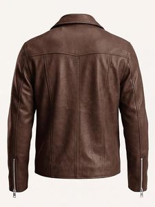 <b>Men's</b> <b>Brown</b> Leather <b>Jacket</b> Hooded Collar Zipper Closure Casual Autumn Outerwear Windproof Waterproof Breathable Eco-Friendly - Product Image 3