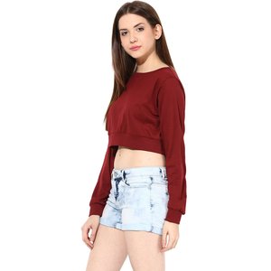 Women's <b>Maroon</b> Cropped Long Sleeve Sweatshirt O-Neck Solid Color Casual Wear 100% Cotton Knitted Breathable Summer <b>Top</b> - Product Image 3