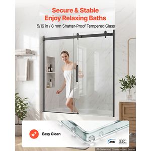 Porte de douche coulissante semi-cadre 60" L x 60" H noire avec verre trempé transparent 5/16" - Product Image 2