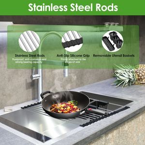 Égouttoir à vaisselle extra large en acier inoxydable, extensible et enroulable, avec 2 paniers à ustensiles amovibles, pliable pour évier - Product Image 4