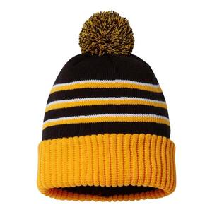 Bonnet d'hiver unisexe en coton rayé 56-58CM respirant et imperméable avec pompon tricoté pour adulte, décontracté, rouge, noir, blanc - Product Image 5