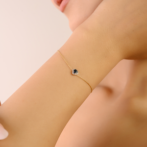 Bracelet Halo en Or Jaune 14K Original de Haute Qualité avec Saphir Bleu en Forme de Cœur et Diamant Taillé Rond, Bijou Délicat - Product Image 2