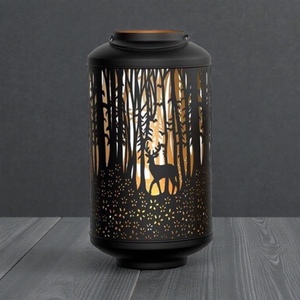 <b>Black</b> Metal <b>Lantern</b> With Deer And Forest Die Cut Design For Home Decoration Heat Resistant Candle Holder - Product Image 3