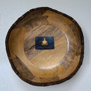 Bol de service artisanal en bois d'acacia naturel avec motif en écorce de mangue, motif uni, bol à salade et à soupe - Vaisselle de cuisine - Product Image 2