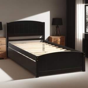 Traditional Design Solid <b>Wood</b> Twin Size Platform <b>Bed</b> & Walnut Finish Trundle Walnut Finish <b>Wood</b> <b>Bed</b> Frame with Trundle - Product Image 1