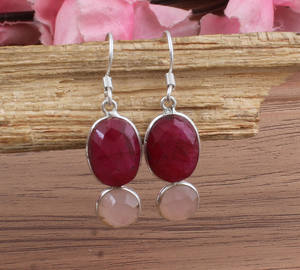 Boucles d'oreilles pendantes en pierre précieuse de quartz rose naturel de luxe, rubis, argent sterling 925, bijoux en gros, mode, femmes, mariage, anniversaire - Product Image 1