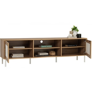 Premium Slim 1.8M Oak Finish <b>TV</b> Console with White Metal Base for Modern Apartments Nordic Style Wood Media Bench <b>TV</b> Cabinet - Product Image 4